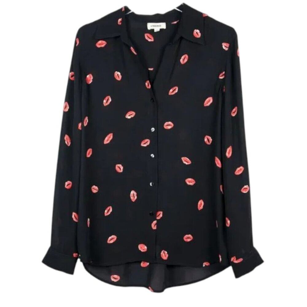 L'AGENCE Lips Kiss Print Silk Nina Shirt RHOC $449 Black & Red Oversized Size S